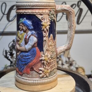 Vintage Ceramic Beer Stein with Colorful Folk Art Design